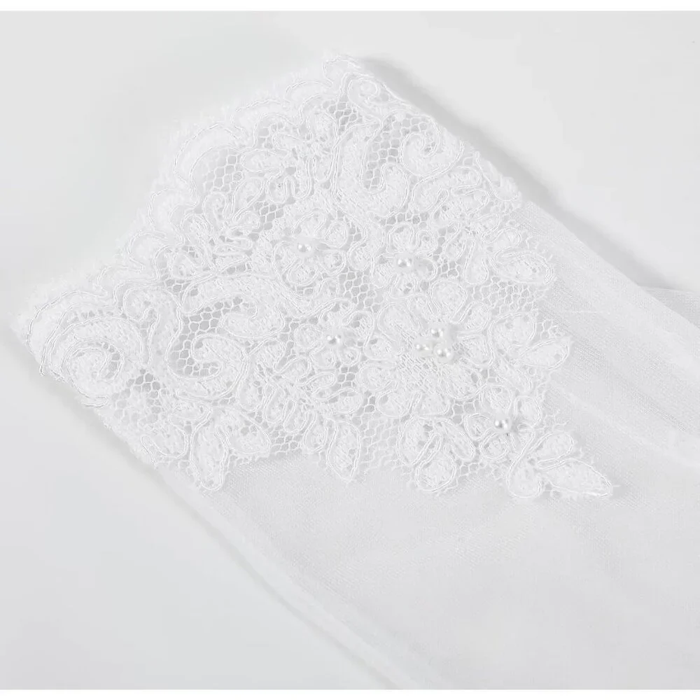 Women's Lvory 09 Floral Short Length Lace Tulle Mesh Wrist Wedding Party Gloves